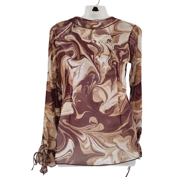 Urban Outfitters Misty Marble Tie-Front Blouse Long Sleeve Brown Tan Size XS NWT - Picture 3 of 13